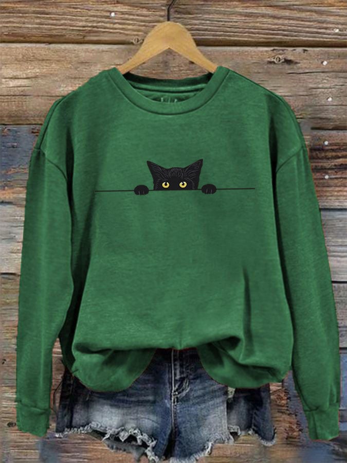 Women's Black Cat Print Crew Neck Sweatshirt