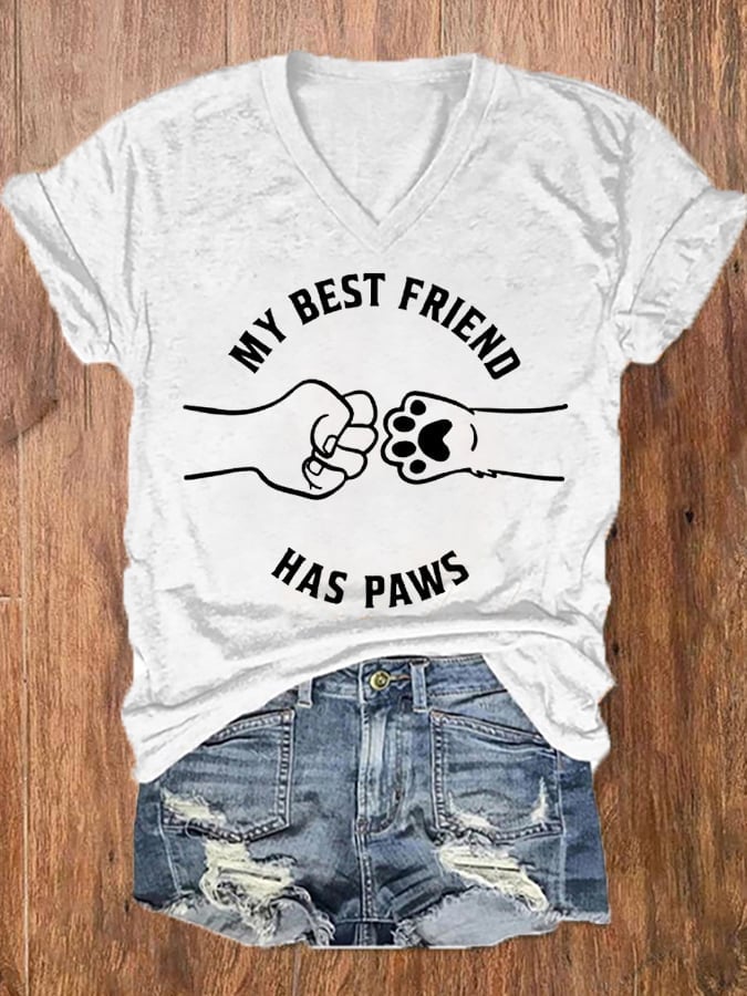 Women's My Best Friend Has Paws Dog And Cat Lovers V-Neck Tee