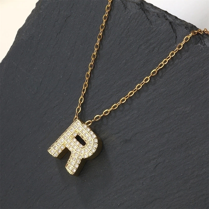 Copper 18K Gold Plated Casual Minimalist Inlay Letter Zircon Pendant Necklace