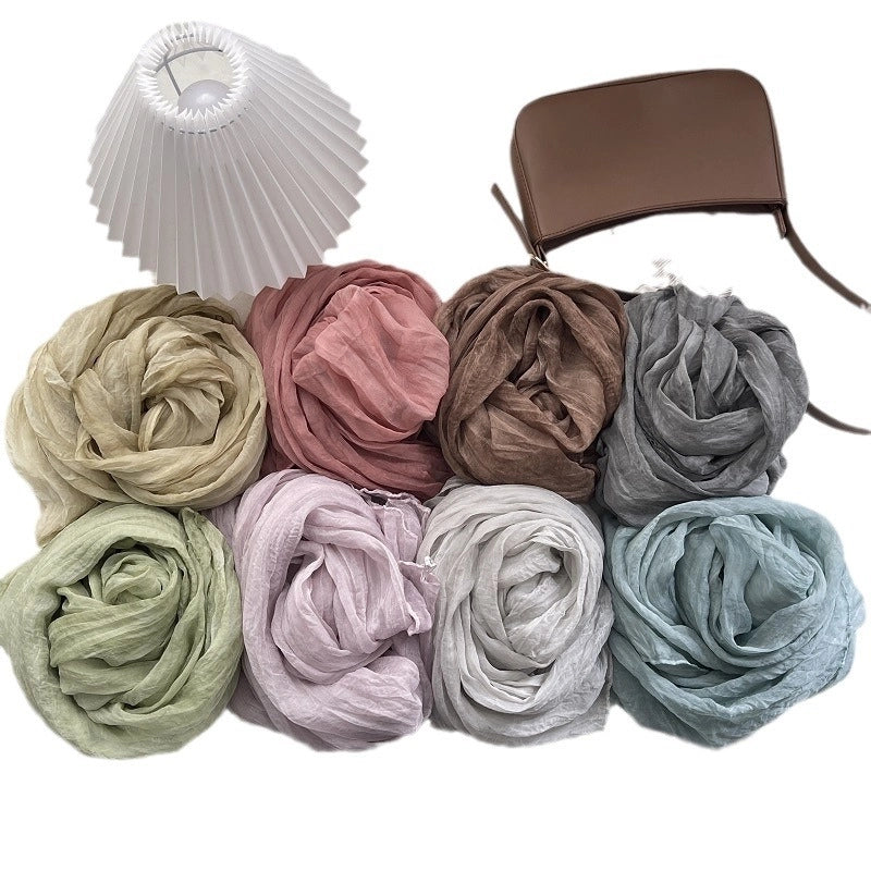 Pleated Retro Silk Scarf Women's Spring And Autumn Artistic Nostalgic Tie-Dye Scarf High-grade Solid Color Decorative Casual Scarf