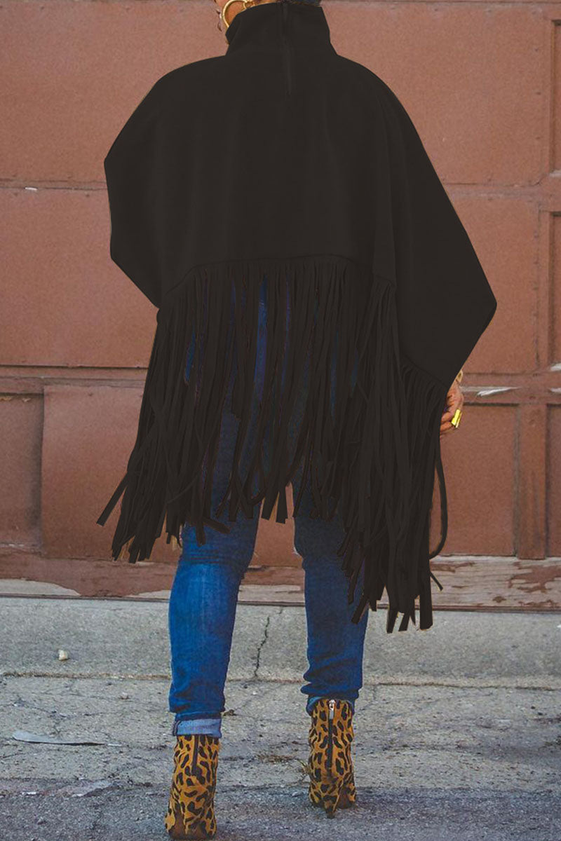 Fashion Vintage Solid Tassel Turtleneck Plus Size Overcoat
