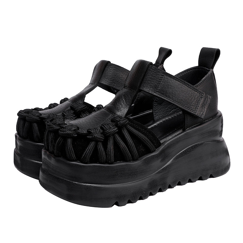 80mm Heel Fashion Chunky Platform T-Strap Cow Leather Sandals in Black/Brown