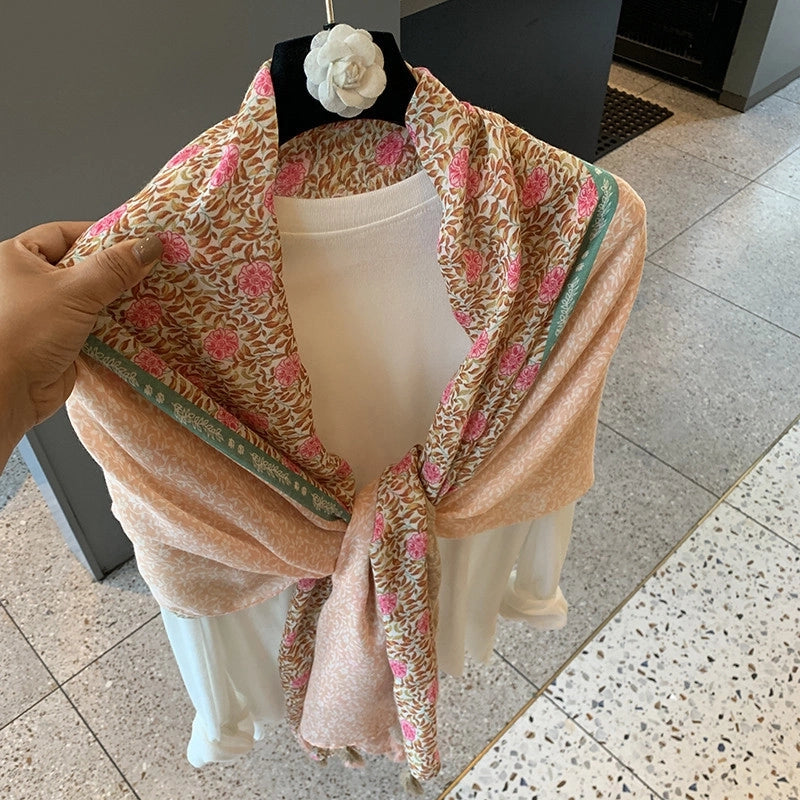 Women's Silk Scarf Summer Versatile Thin Scarf Cotton And Linen Scarf Blue Feather Tassel Beach Towel Sunscreen Shawl