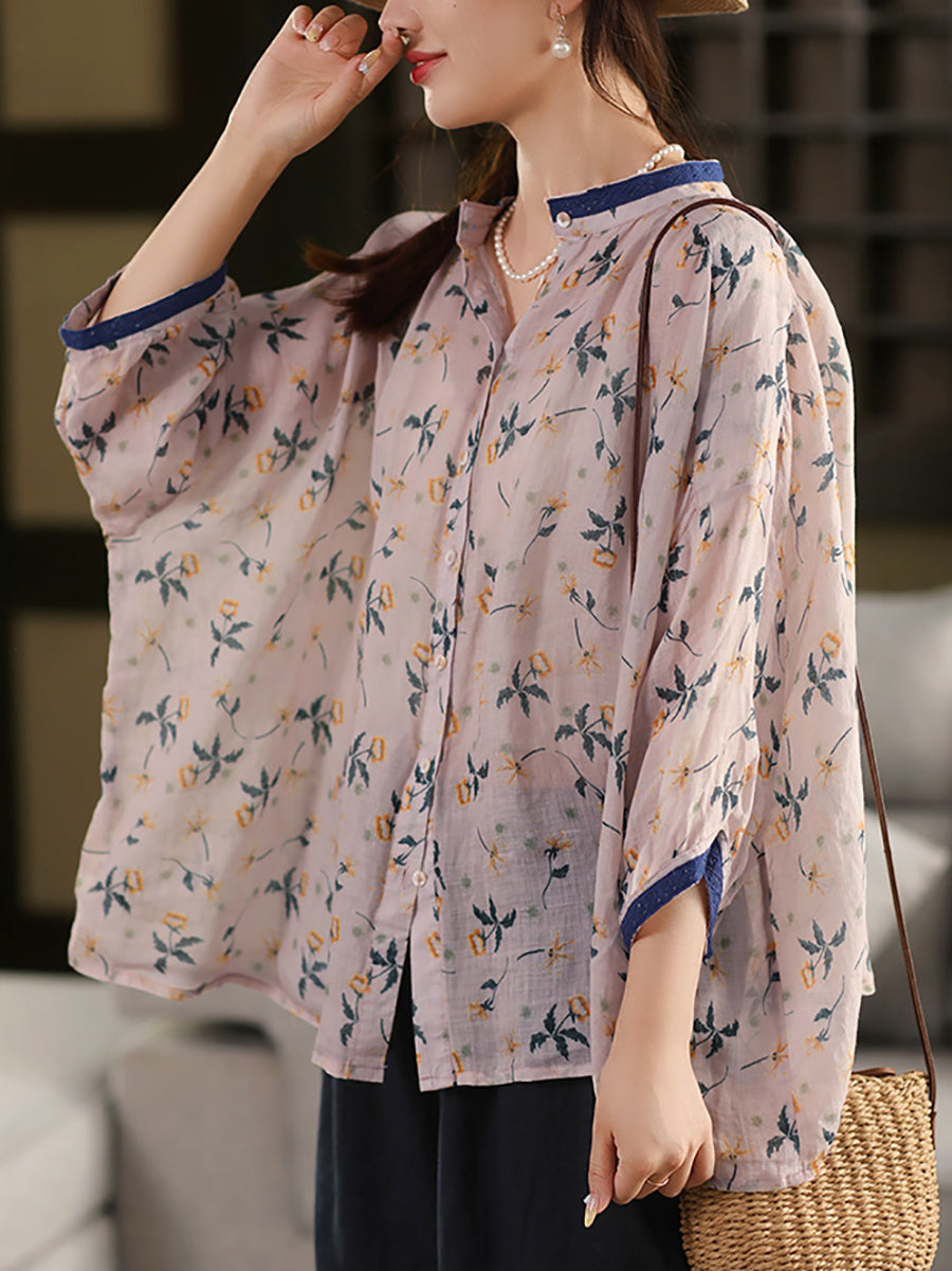 Women Summer Artsy Dot Stand Collar 100%Raime Shirt