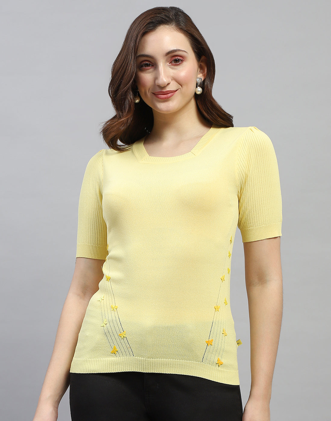 Women Yellow Solid Round Neck Half Sleeve Top