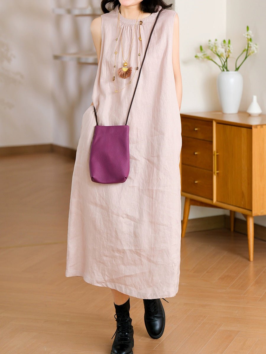 Women Summer Casual Pure Color 100%Linen Vest Dress