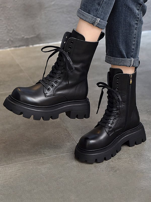 Vintage Cow Leather Mid Heels Height Boots