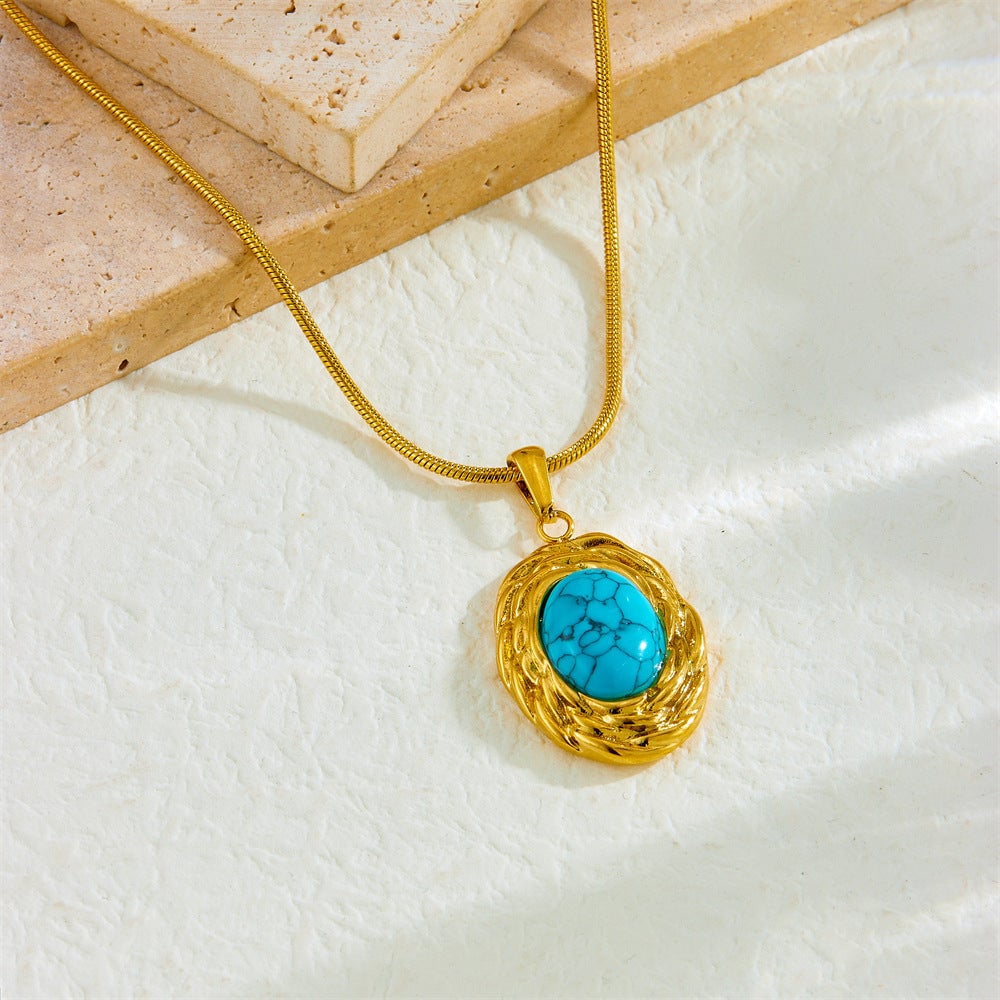 Vintage Oval Blue Turquoise Geometric Pendant Snake Bone Chain Stainless Steel Gold-Plated Necklace
