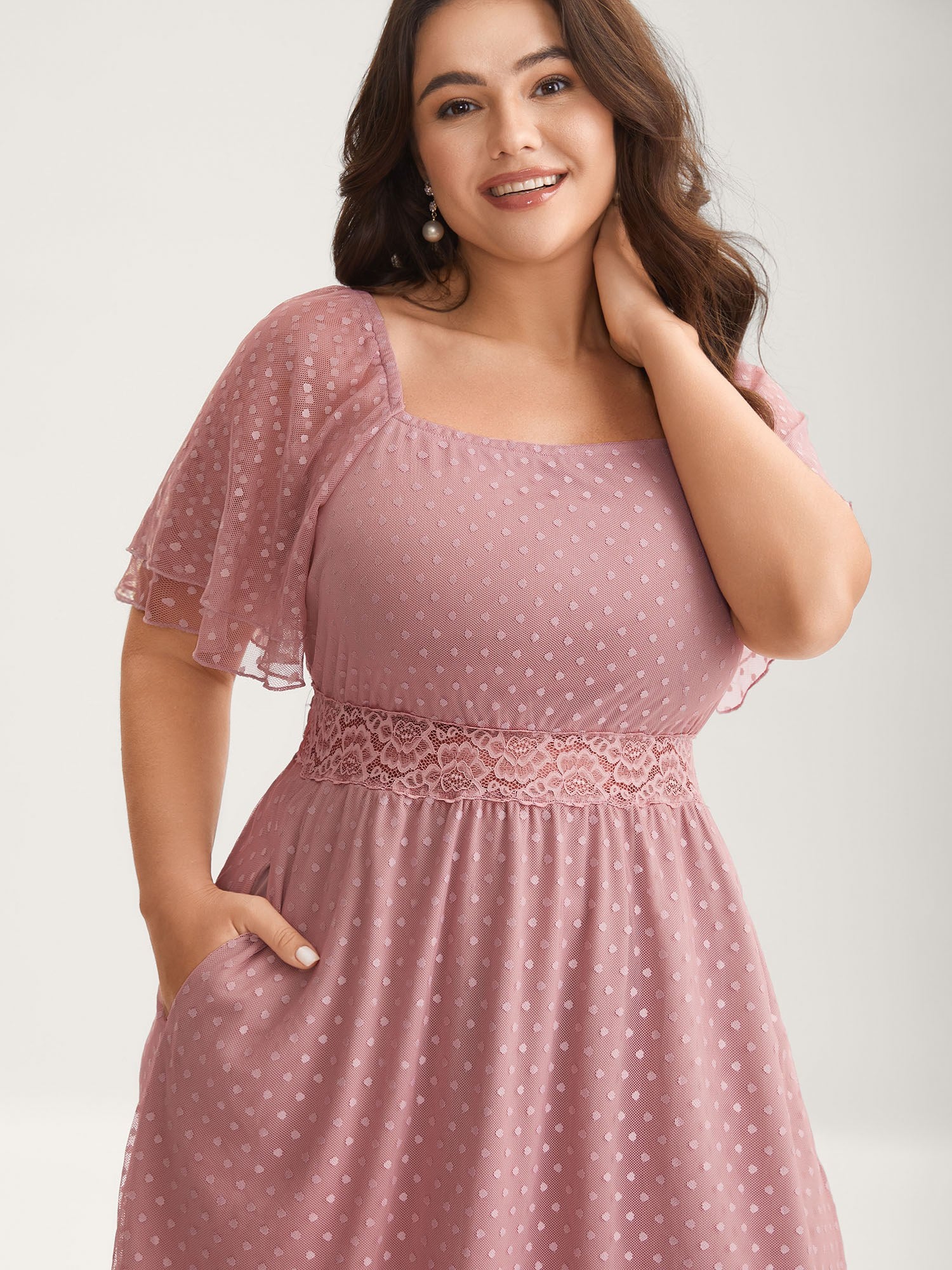 Textured Dot Lace Trim Midi Dress