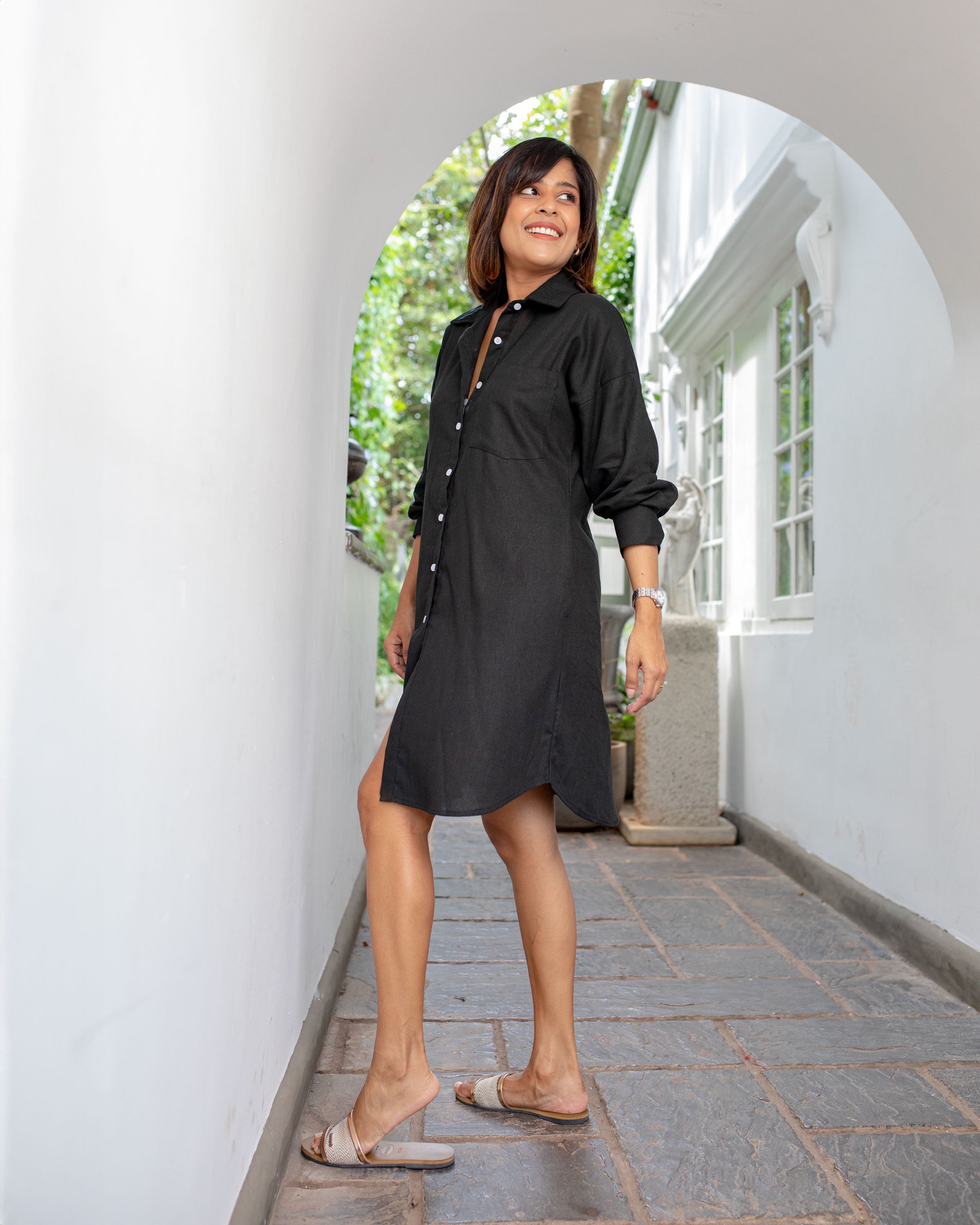 Arden Button Down Dress -Black