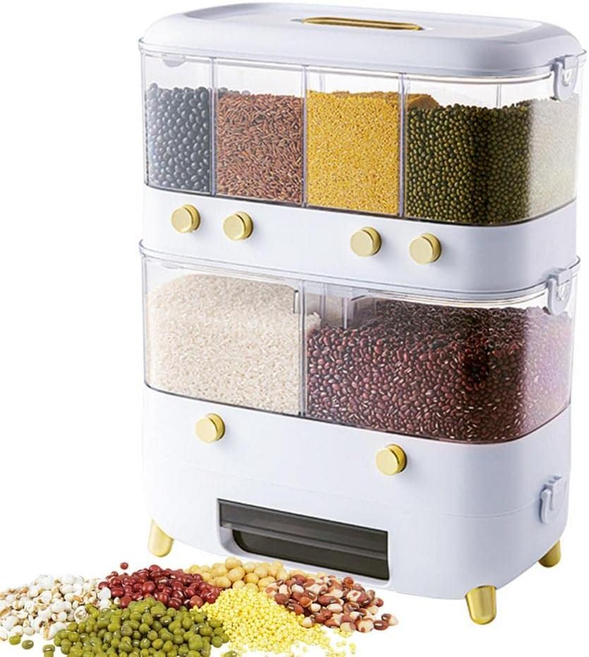 Rice Grain Storage Container. Multi-Division Grid Widely Used Rice Storage Box Dispenser (6 Grids White)