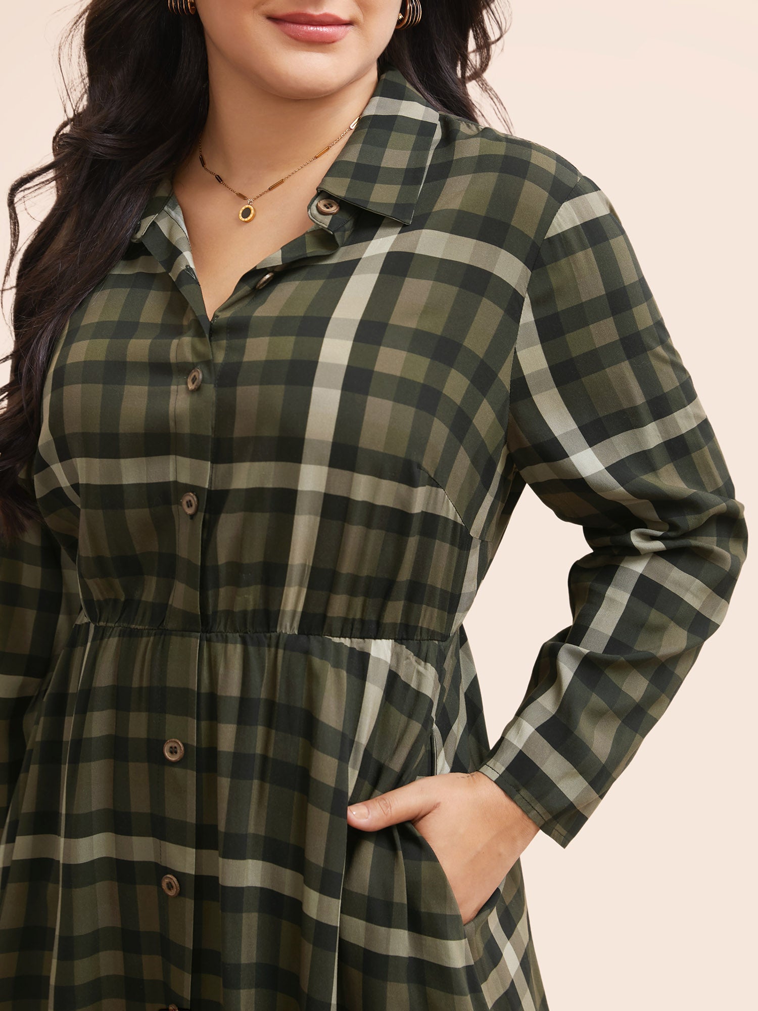 Plaid Shirt Collar Curved Hem Dress