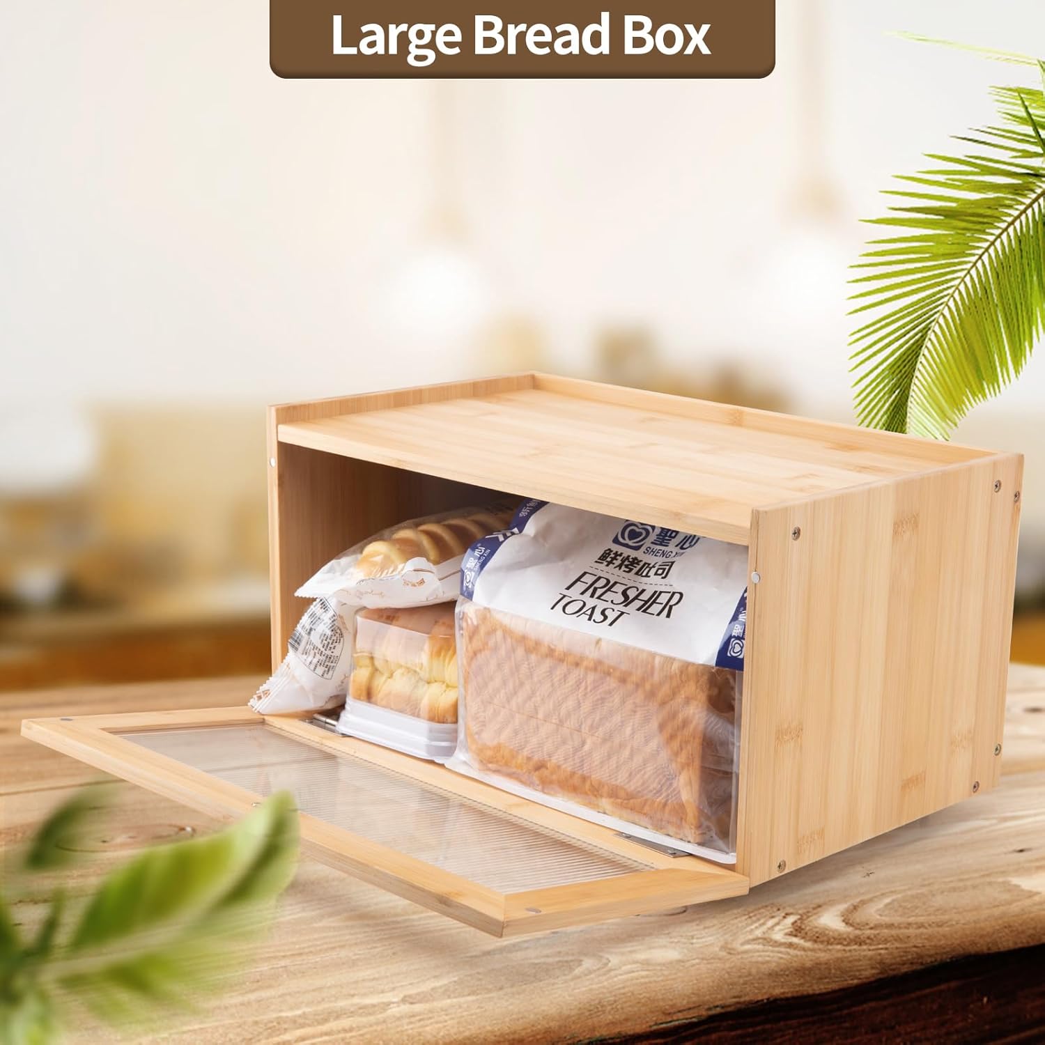 Large Bread Box Bread Basket Kitchen Counter Organizer - Roll Top Bread Box - Bread Box For Kitchen Countertop - Bamboo Wooden Boxes (Natural)