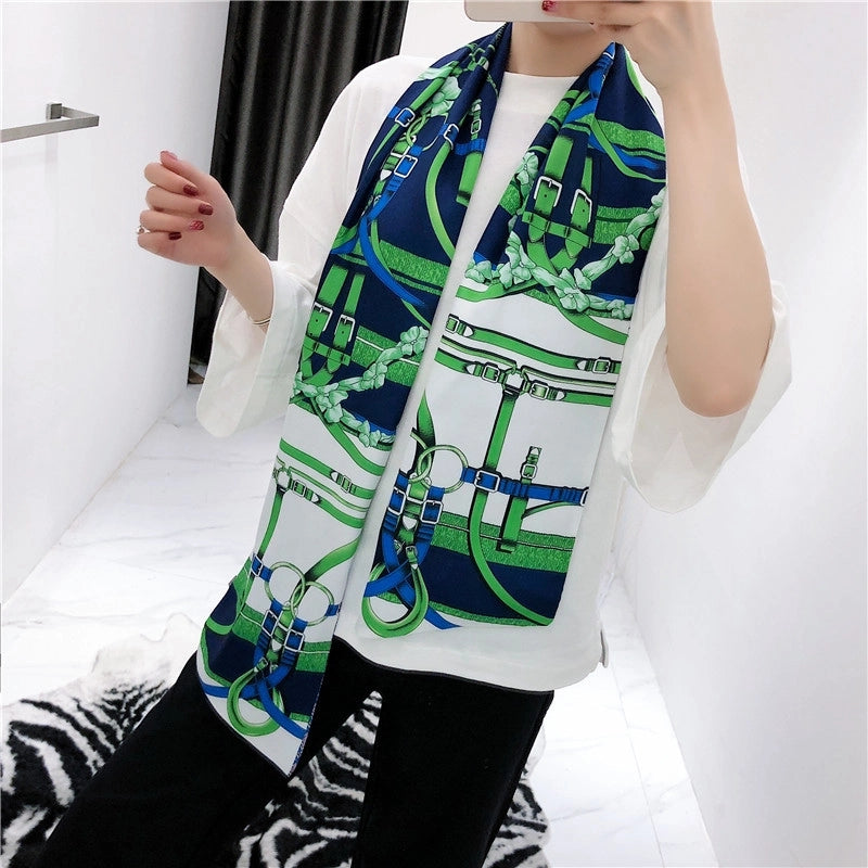 New Belts Metal Buckles Double-layer Printed Silk Scarves Twill Satin Long Silk Scarves