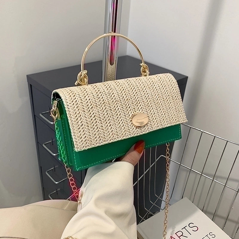 Women's Medium Straw Solid Color Fashion Square Flip Cover Crossbody Bag Square Bag Chain Bag