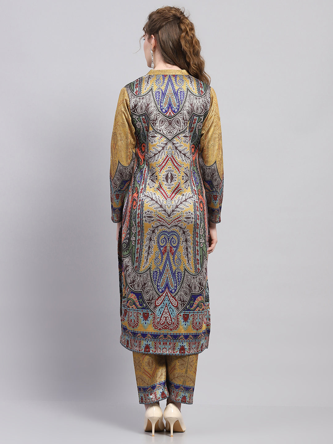 Women Yellow Printed Round Neck Full Sleeve Kurti Set for Winter