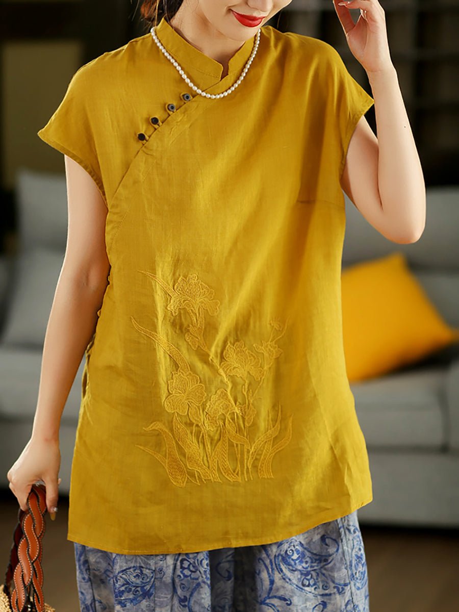 Women Summer Ethnic Flower Embroidery 100%Raime Shirt