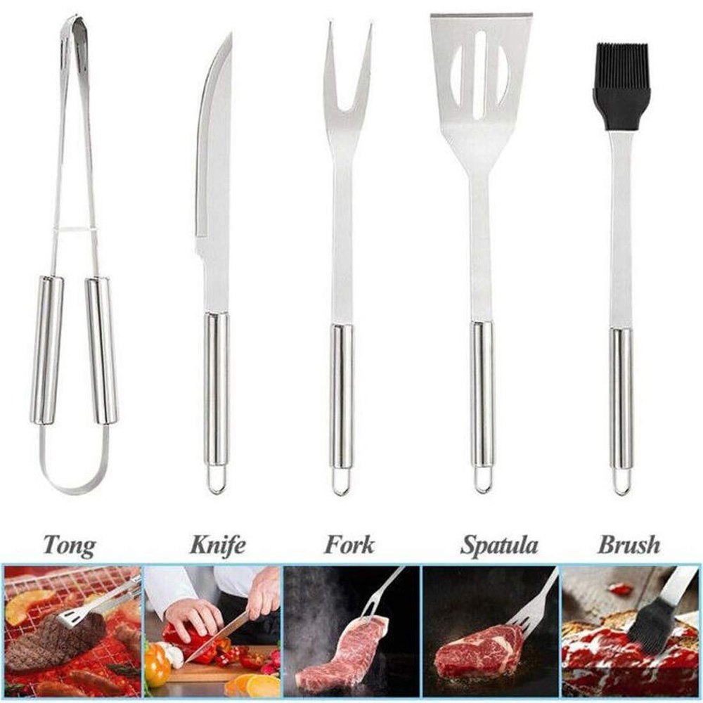 5pcs Stainless-Steel BBQ Grill Tool Set With Knife Brush Fork Spatula And Tong With Oxford Bag