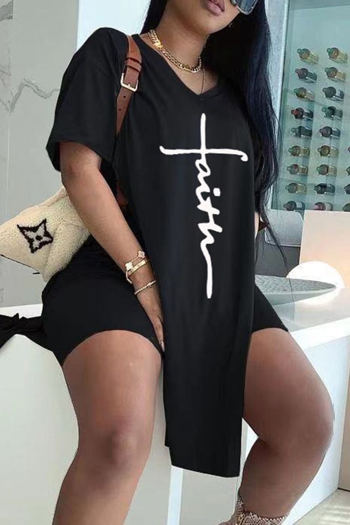 🔥Letter Print Split Side V Neck T-Shirt & Shorts Two Piece Set