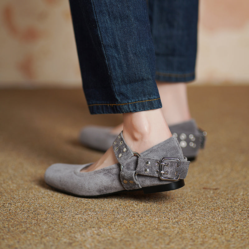 Women's Square Toe Leather Mary Jane Flats with Studded Strap Design in Green/Blue/Brown/Grey