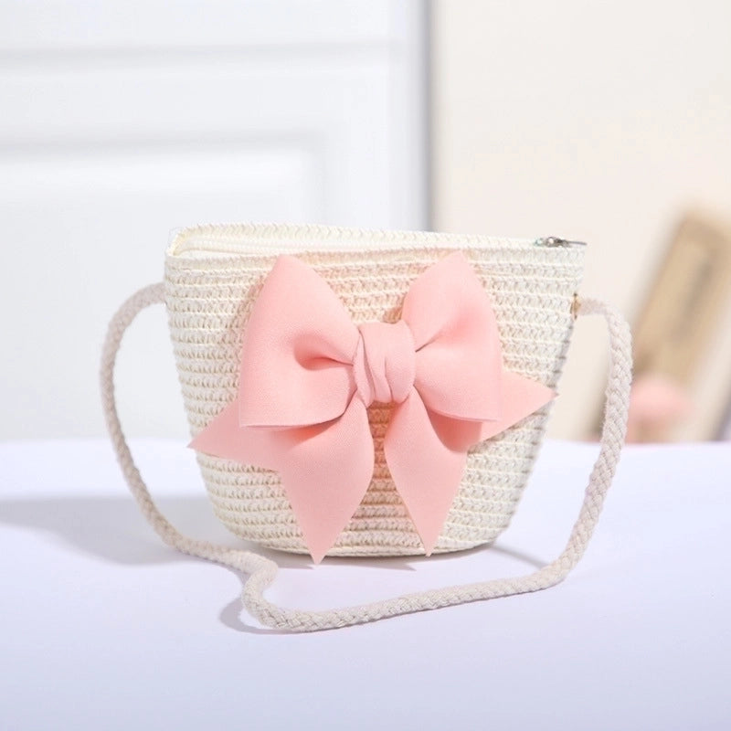 Women's Mini Straw Flower Bow Knot Fashion Bucket Zipper Shoulder Bag Handbag Crossbody Bag