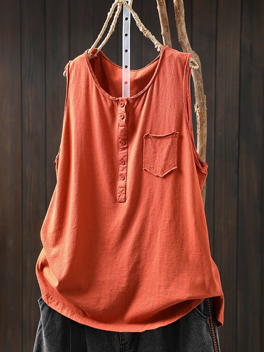 Women Summer Casual Pure Color O-Neck 100%Cotton Vest