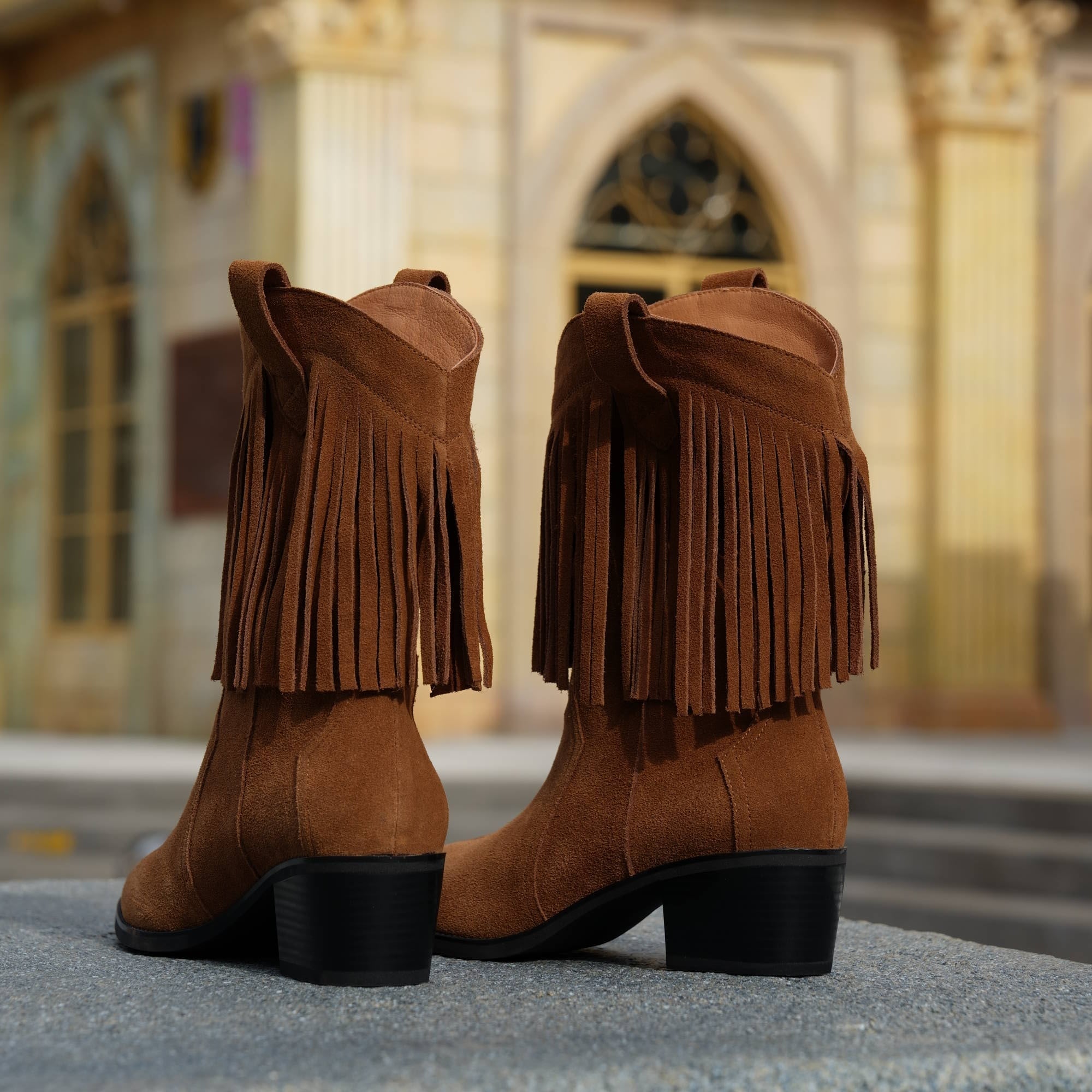 Western Point-Toe Cowgirl Boots With Tassels Handmade Suede Mid Calf Boots in Black/Brown