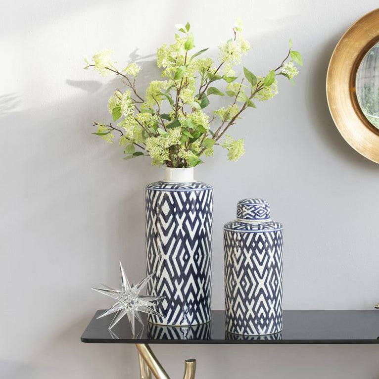 Porcelain Lidded Jar Tall - Blue Chevron