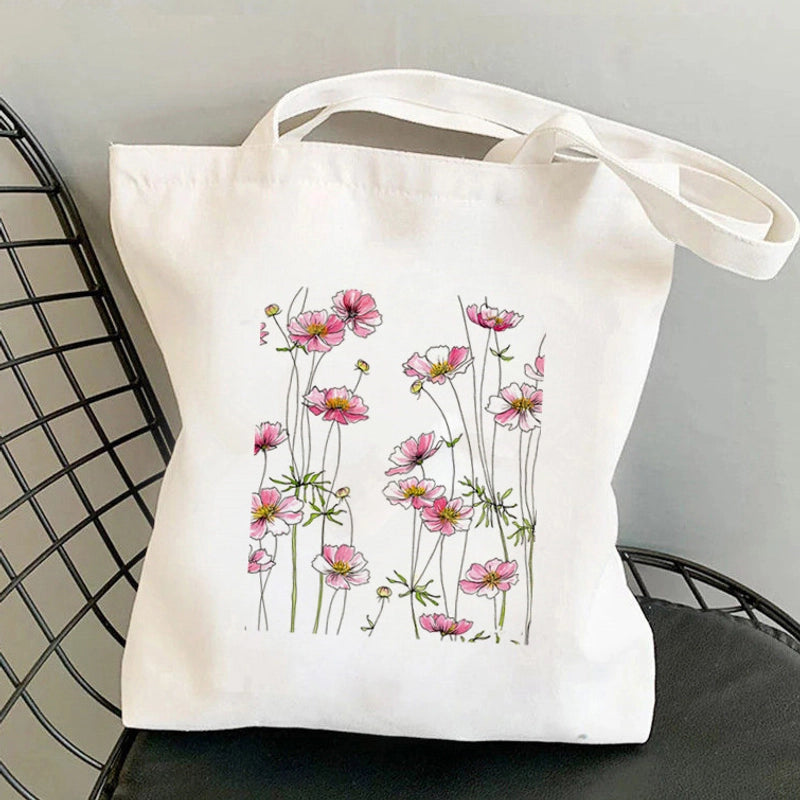 Women's Medium Canvas Flower Basic Classic Style Square Open Canvas Bag