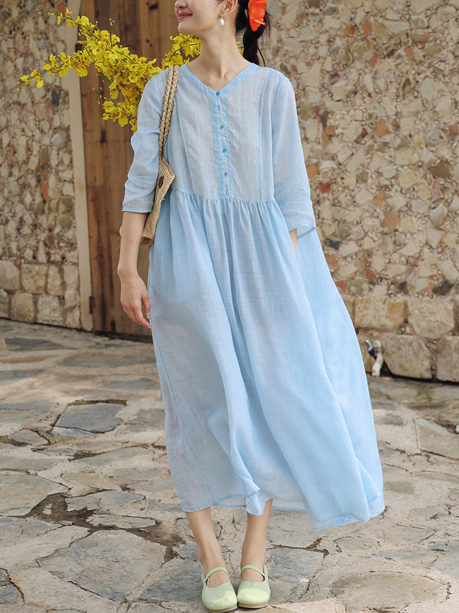 Women Summer Artsy Pure Color V-Neck Ramie Dress