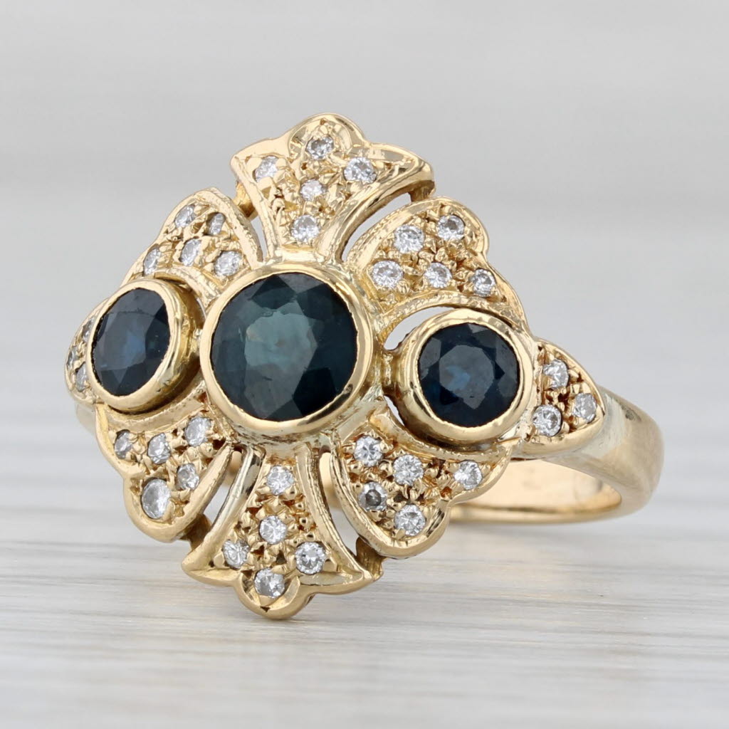 Vintage 1.42ctw Blue Sapphire 3-Stone Ring 18k Yellow Gold Size 6