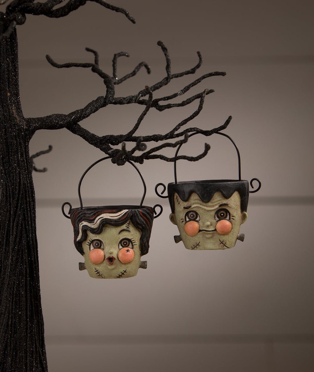 Frank & Bride Teeny Halloweenie Pail Ornaments