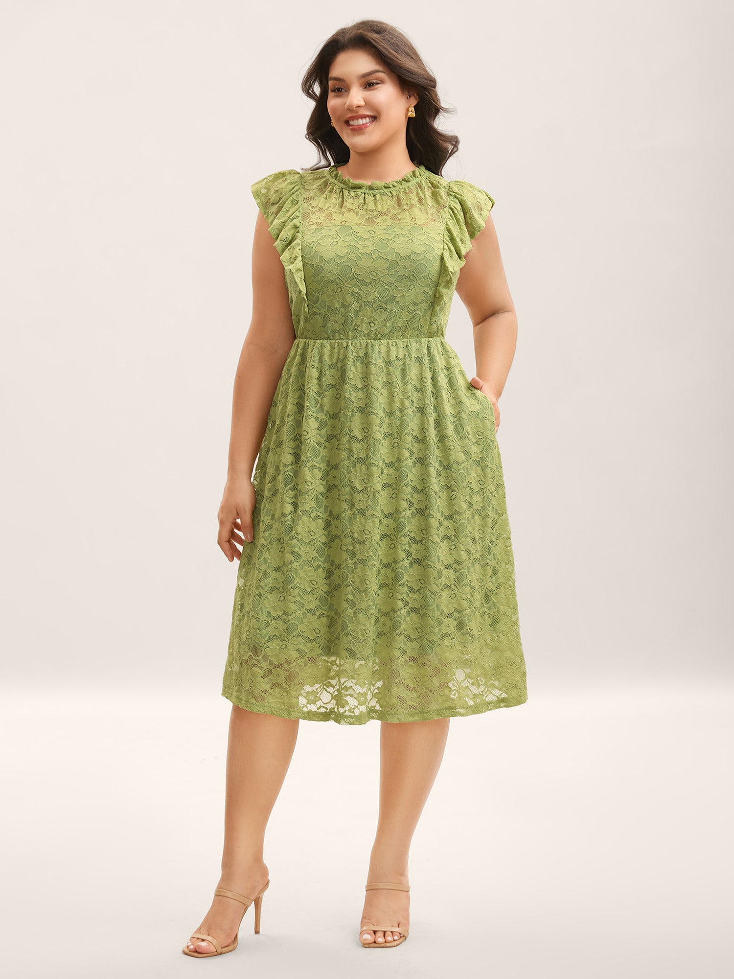 Lace Stretchy Waist Ruffled Midi Dress