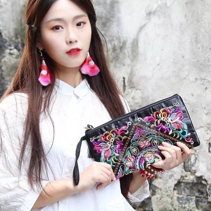 Ethnic Style Floral Embroidery Square Zipper Coin Purse