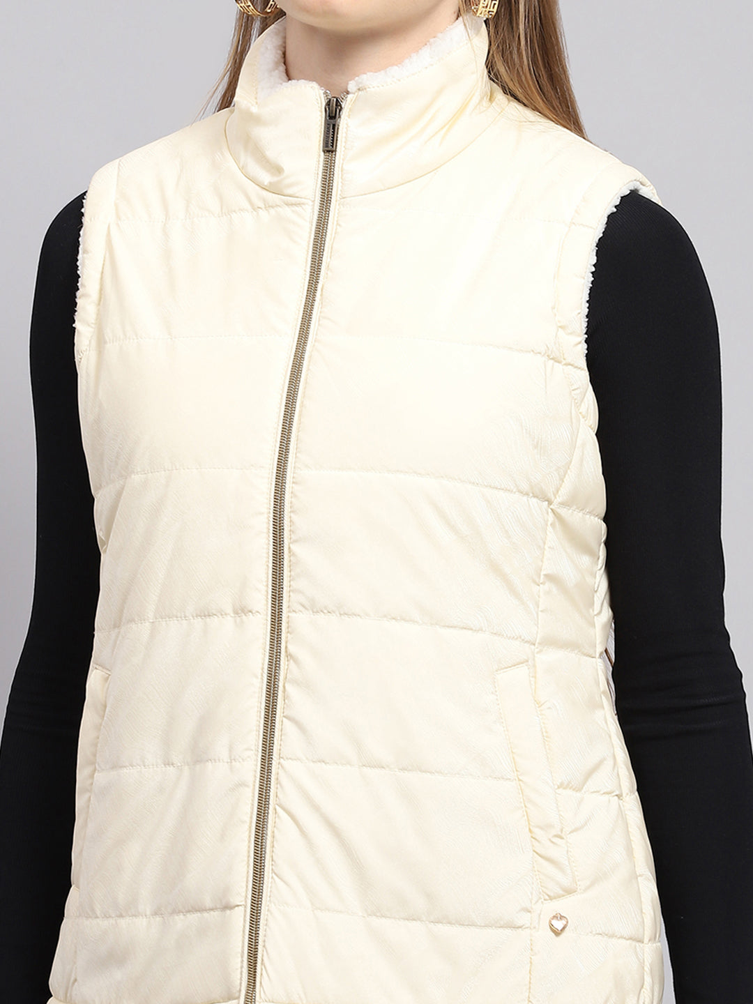 Women Off White Solid Mock Neck Sleeveless Jacket