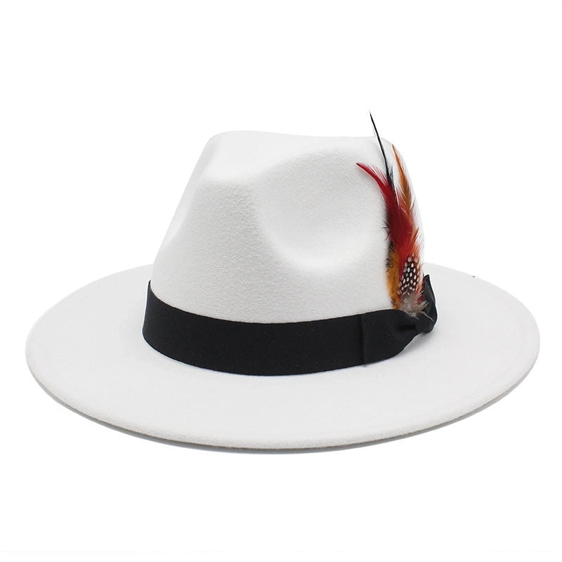 Bow Feather Top Hat Autumn And Winter Big Brim Hat Fashionable Men's And Women's Cashmere Felt Hat Style New Hats