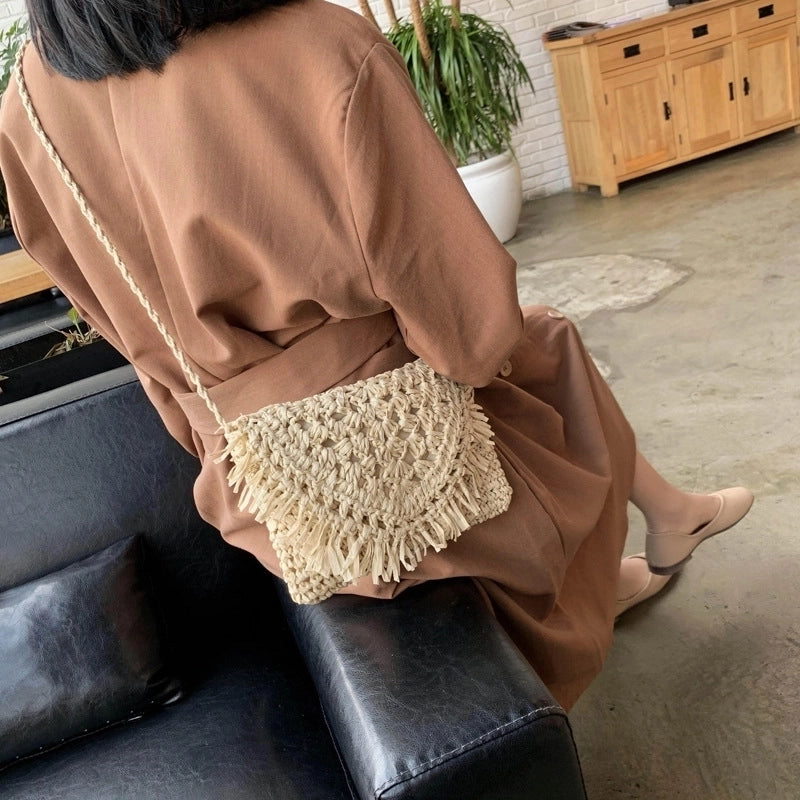 Women's Small Straw Solid Color Beach Weave Zipper Straw Bag