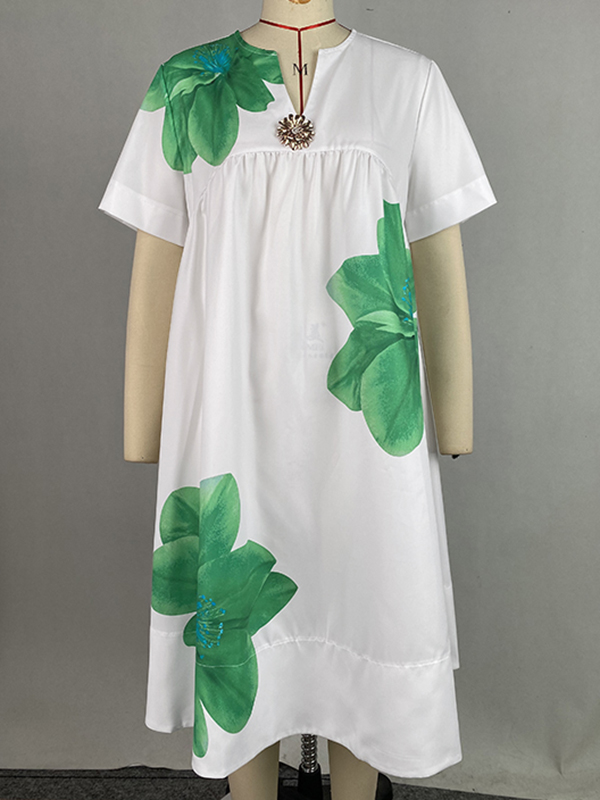A-Line Loose Flower Print Pleated V-Neck Midi Dresses