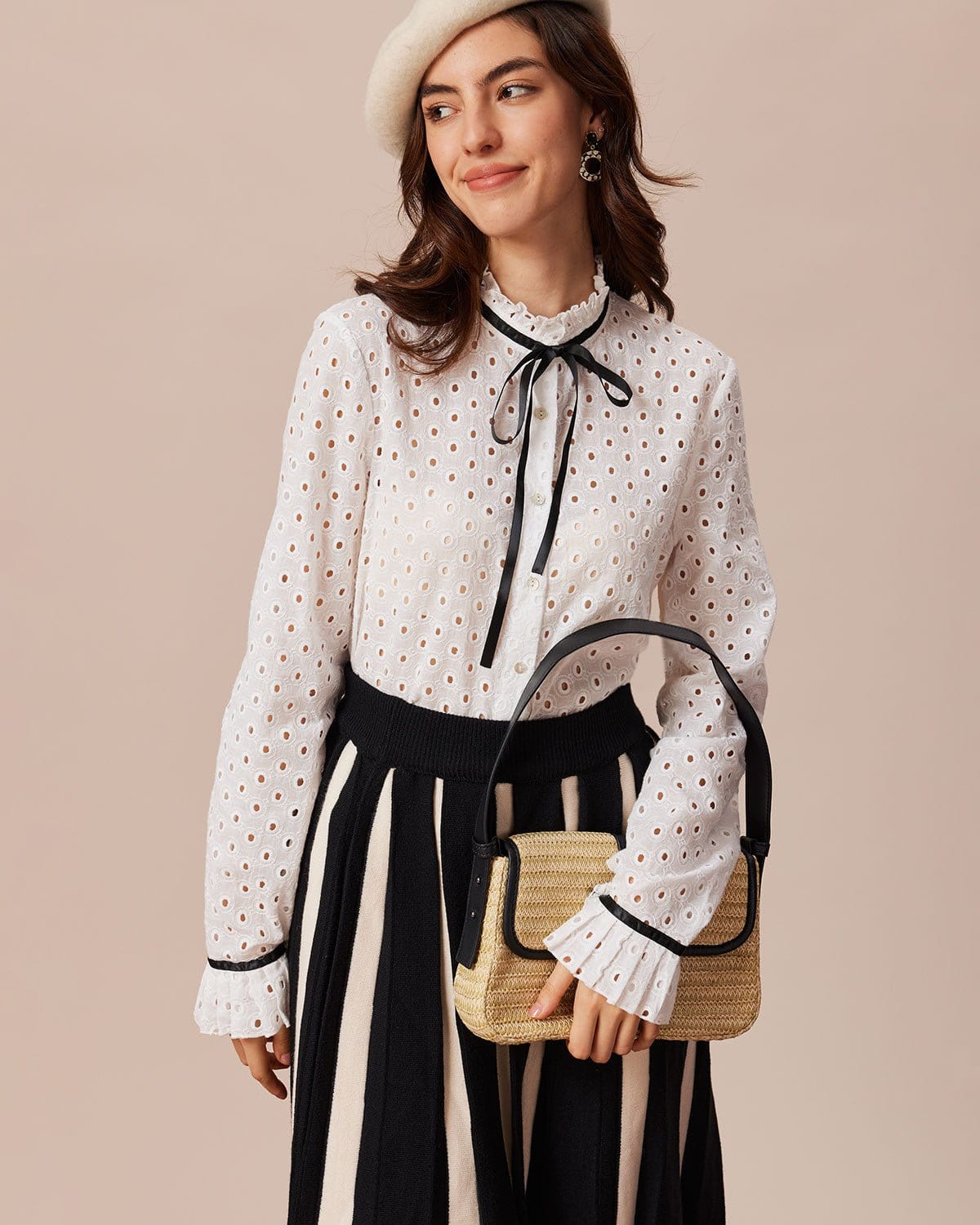 The White Mock Neck Polka Dot Cutout Blouse