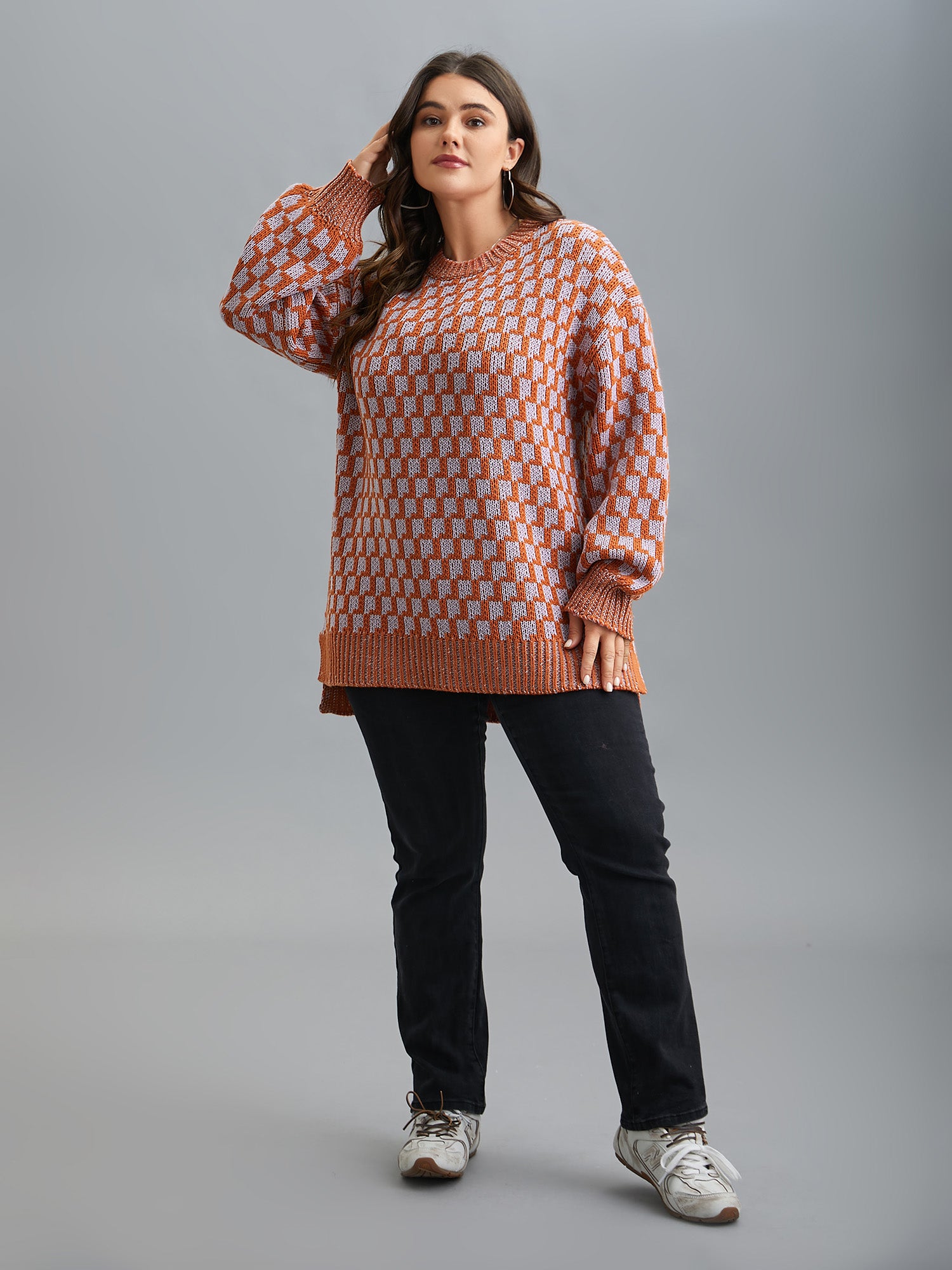Textured Color Contrast Side-Slit Pullover