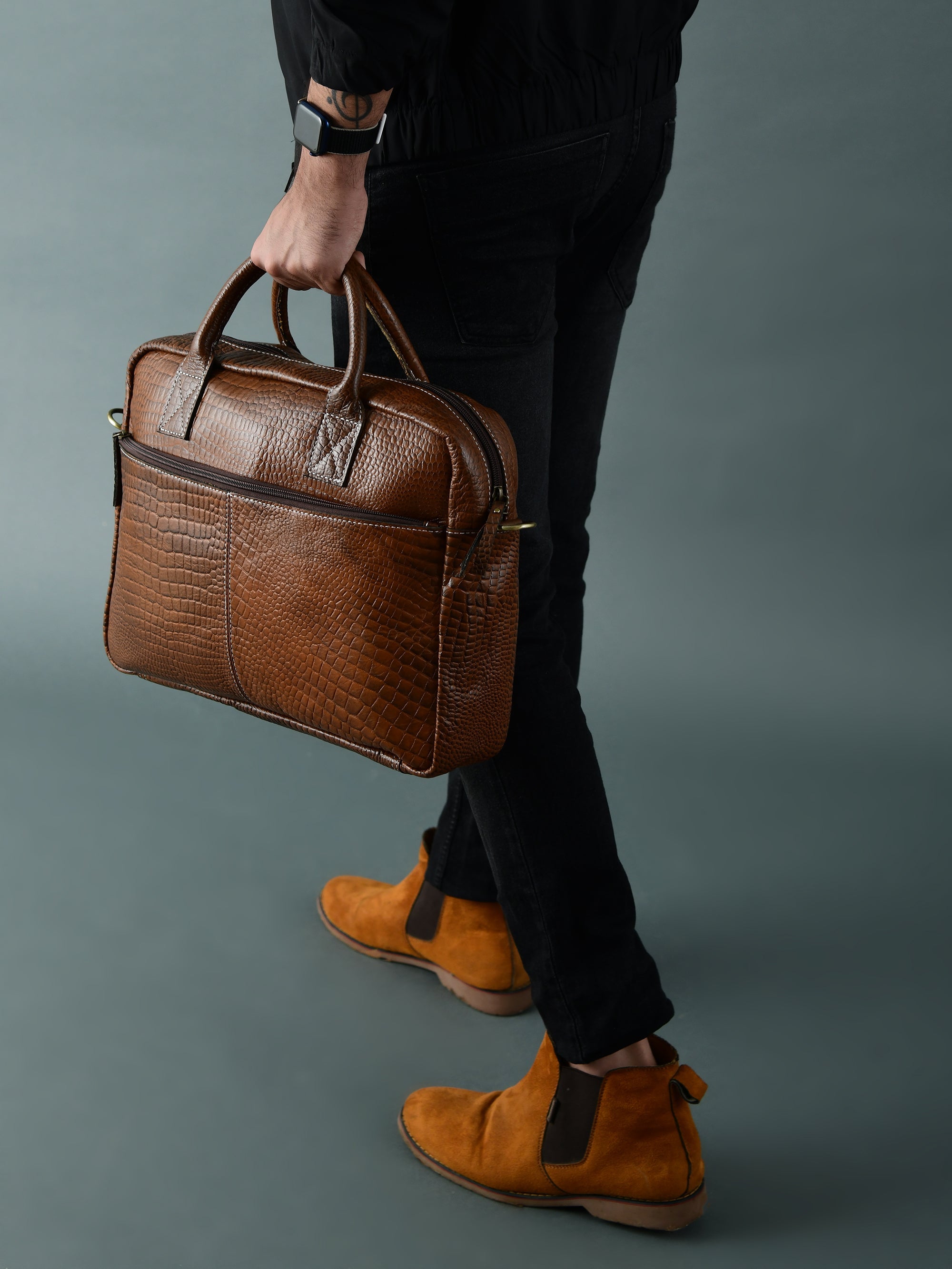 Laurent Slim Leather Briefcase- Brown