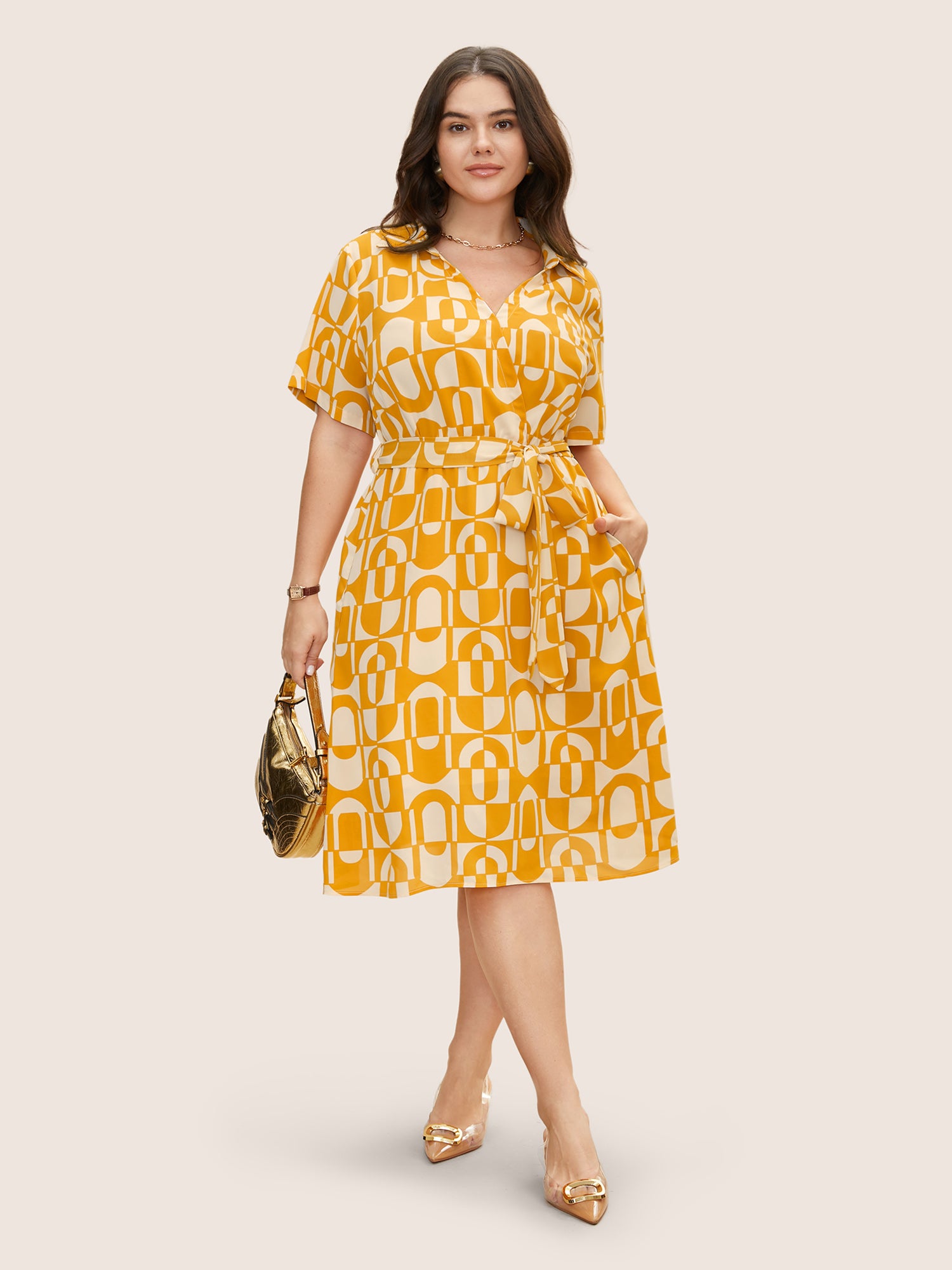 Overlap Collar Geometric Belted Midi Dress