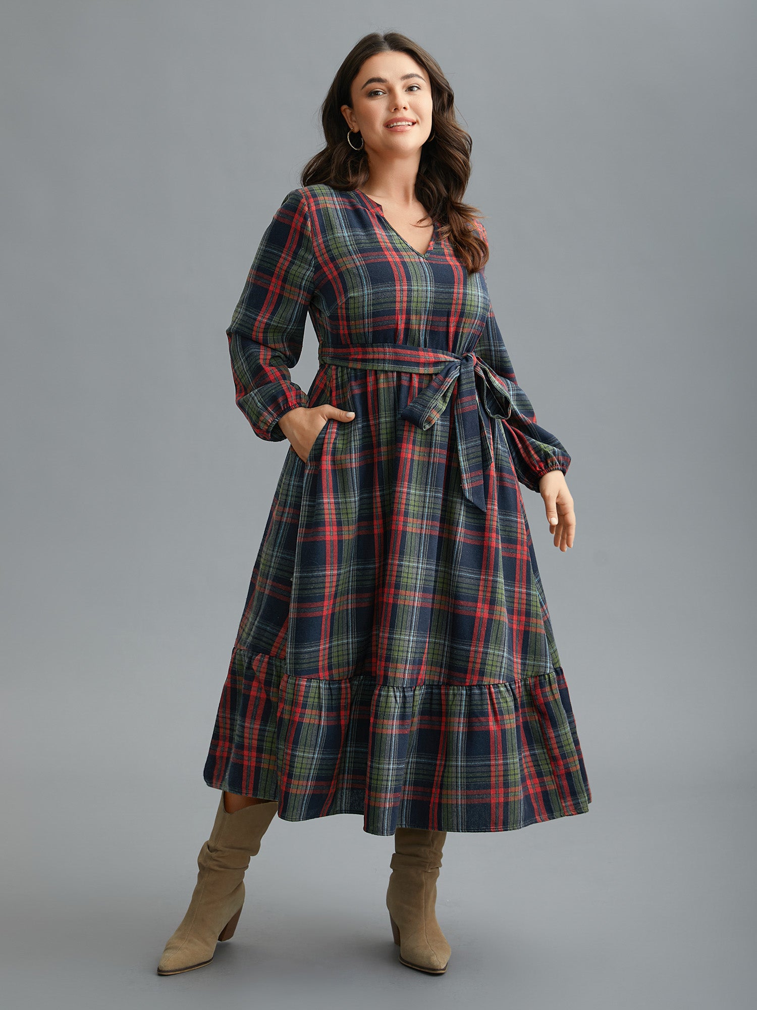 Festive Notched Collar Plaid Dress