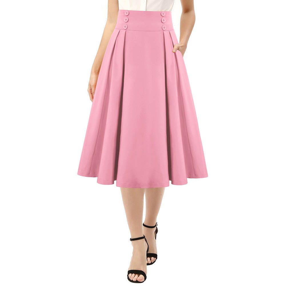 Leaf Patterns Pleated Buttons Decorated Elastic Waist High Waist Swing A-Line Skirt with Pockets