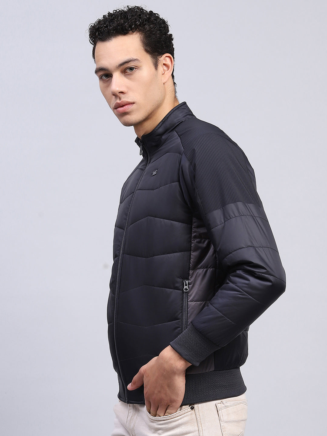 Men Navy Blue Solid Mock Neck Full Sleeve Jacket