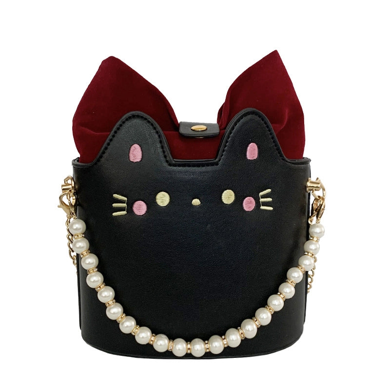Women's Small Pu Leather Cat Cute Streetwear Pearls Bucket Magnetic Buckle Crossbody Bag