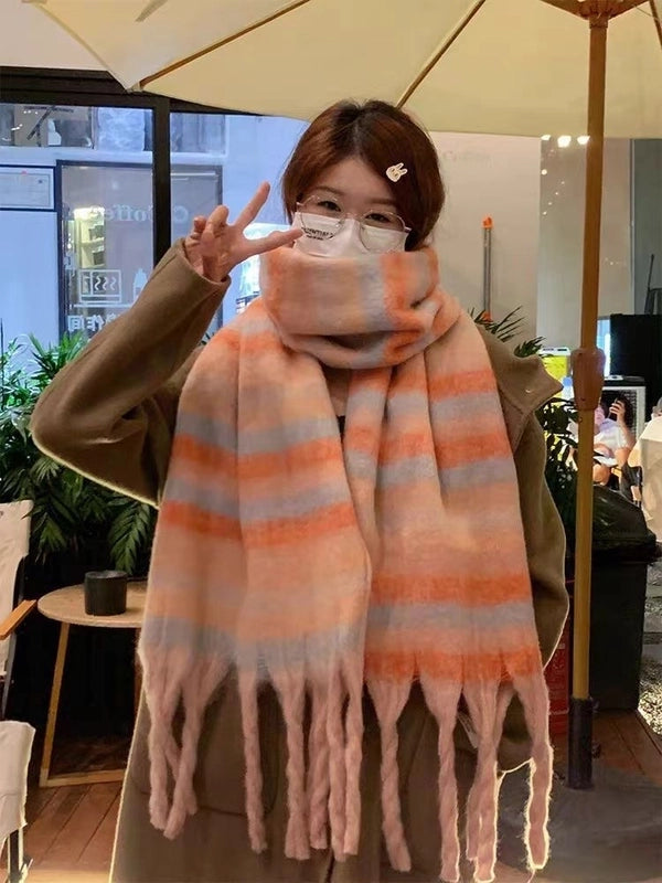 New Plaid Autumn And Winter White Scarf Women's  Atmosphere Warm Soft Tassel Shawl Scarf