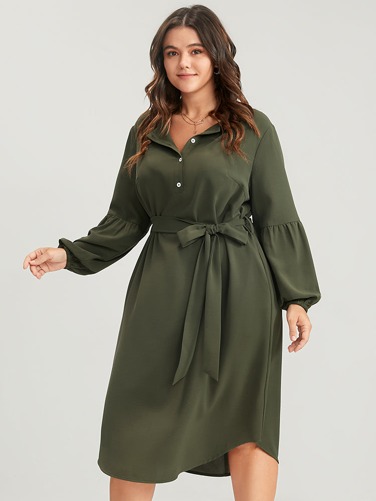 Solid Lantern Sleeve Button Pocket Belted Arc Hem Dress