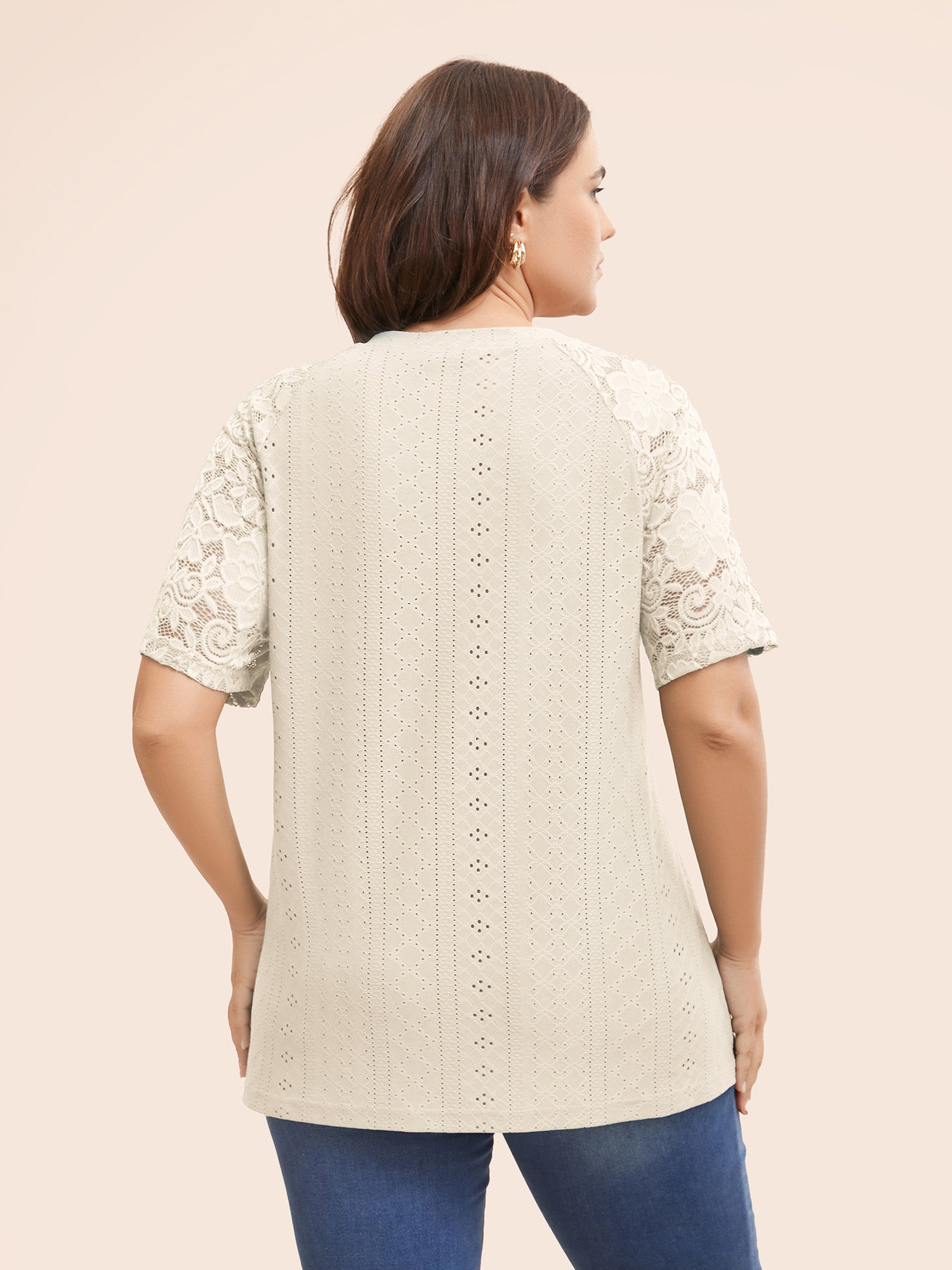 Solid Broderie Anglaise Lace Raglan Sleeve T-shirt