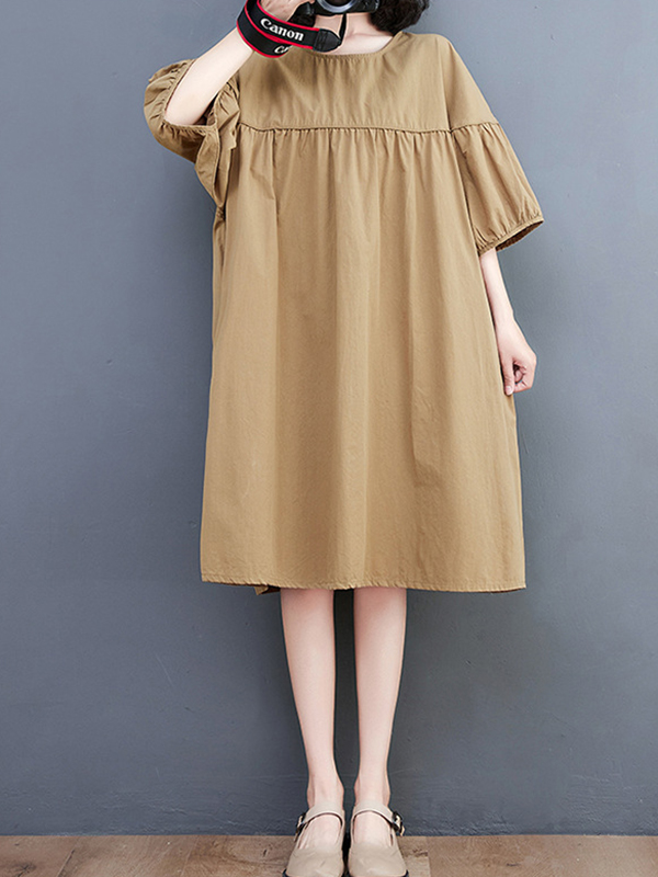 Loose Short Sleeves Solid Color Round-Neck Midi Dresses